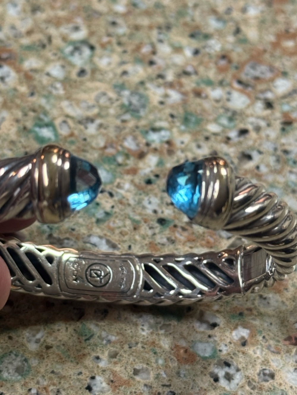 David Yurman Sterling Silver & 18k Twisted Cuff Bracelet small blue topaz tips